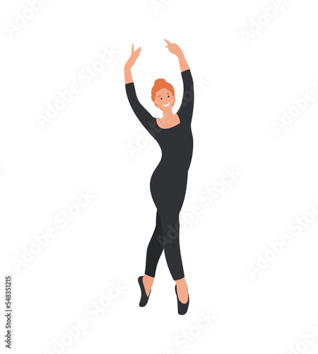 Cartoon flat Woman Classical Choreography dancer. Ballerina in Black training suit, practicing dance . Woman dancing ballet. 