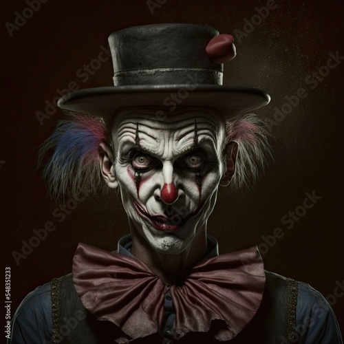 Creepy clown with black hat character photo