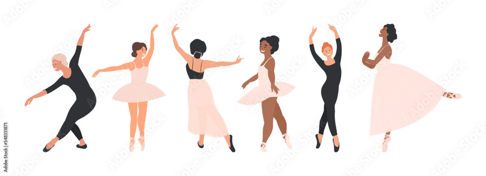 Set, collection of various Ballerinas in Poses of Ballet isolated on white. Cartoon Girl, Woman Classical Choreography dancer, pink tutu and Pointe shoes. Woman dancing ballet