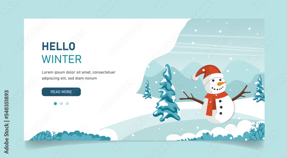 Merry Christmas card with cute landscape and snowman. Concept for holidays, winter, Christmas. Hello winter template. Illustration in flat style