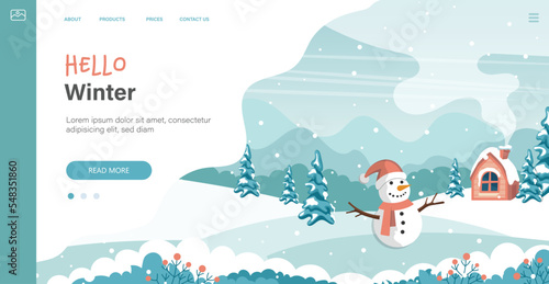 Merry Christmas card with cute landscape and snowman. Concept for holidays, winter, Christmas. Hello winter template. Illustration in flat style