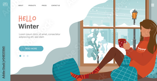 Cozy winter illustration with cute girl sitting on a windowsill with a cup, small-knit blanket. Window overlooking the village. Comfortable lifestyle. Flat style template. Girl next to window
