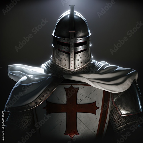 Medieval templar crusader knight in full armor 3d render. Character design portrait. Isolated on black background. photo