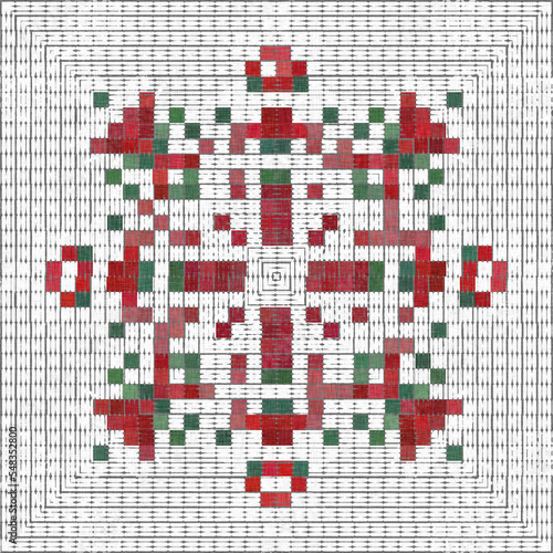 Seamless Christmas poinsettia cross stitch pattern. Decorative ornament in seasonal red for embroidered December holiday background. Winter botanical vintage scandi repeat tile. 