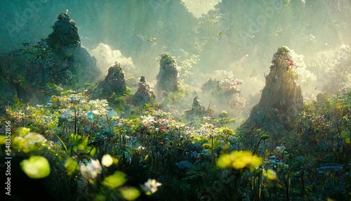 Magical fantasy fairytale landscape with lush vegetation photo