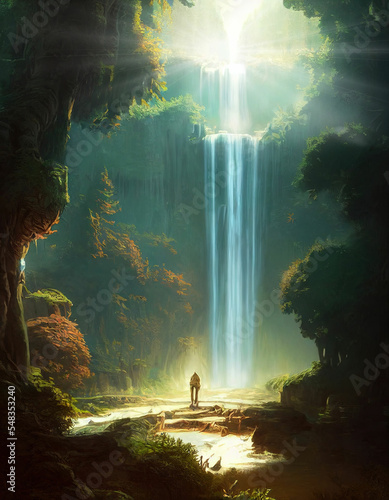 Tall waterfall in the jungle with lush vegetation © DNY3D