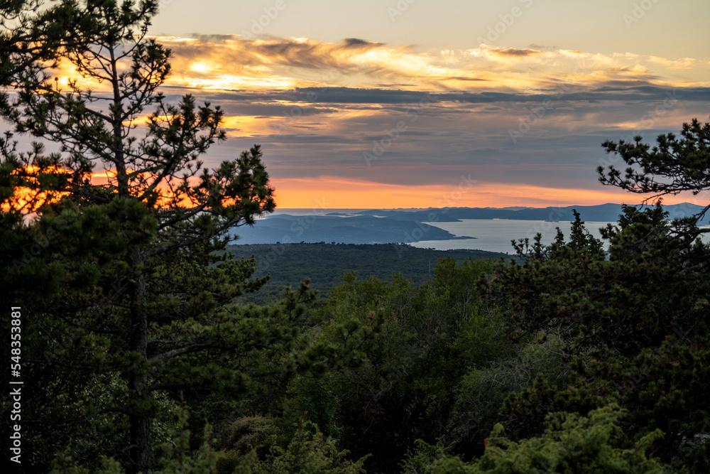 Beautiful croatian islands and archipelago photographed from the highest peak of Brac island, Croatia through the dense pine forest