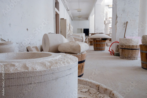 Interior of famous school of stonemasonry in the town of Pucisca, located on Brac island, Croatia, made entirely from authentic Brac island white stone photo