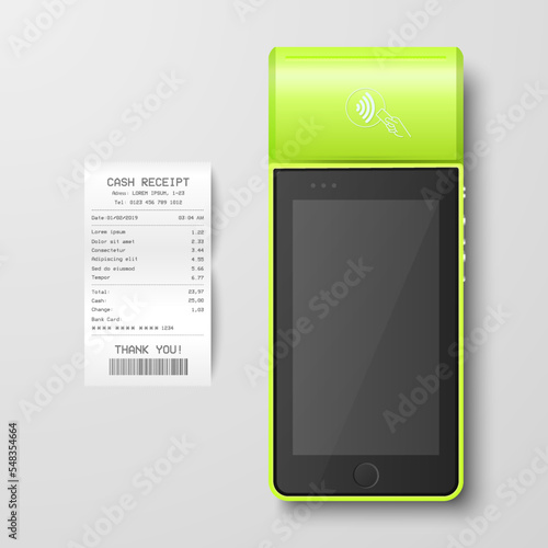 Vector 3d NFC Payment Machine with Approved Status, Paper Check, Receipt Isolated. Wi-fi, Wireless Payment. POS Terminal, Machine Design Template of Bank Payment Contactless Terminal, Mockup. Top VIew