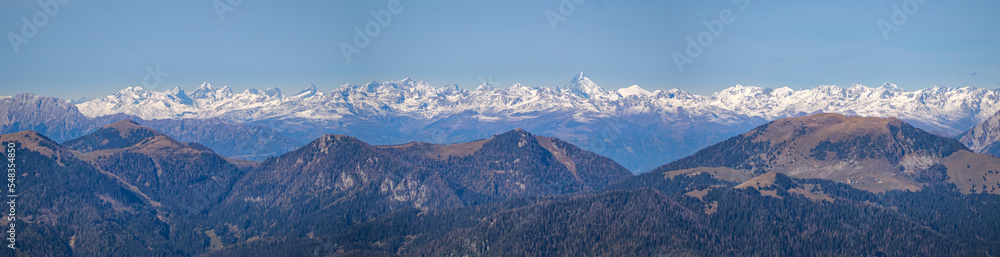 Panoramic view from the top of Picco di Mezoddi mountain in Julian Alps