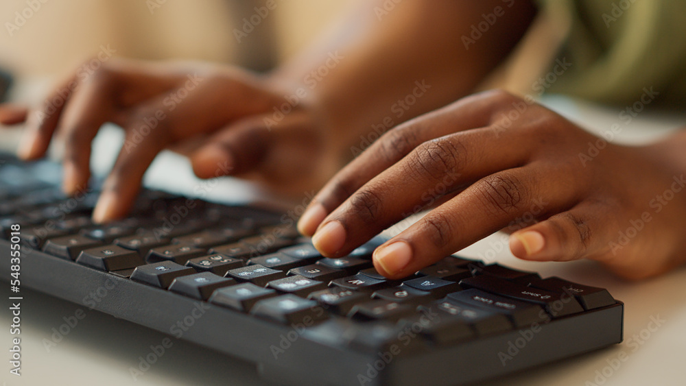 Manager typing data report on computer, using keyboard to create online network and send professional email. Woman checking company sales and doing accounting work at home. Close up. Handheld shot. Manager typing data report on computer, using keyboard to create online network and send professional email. Woman checking company sales and doing accounting work at home. Close up. Handheld shot.