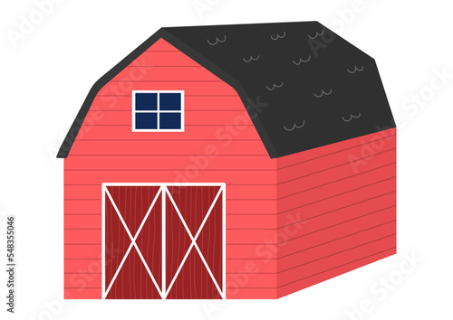 Red barn on the farm print in cartoon style. Wooden stable isolated element. Vector illustration