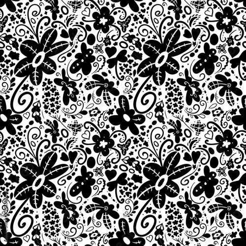 Floral black pattern. Seamless vector image, fantasy shapes, swirls, petals, hearts. Suitable for fabrics, wrappers.