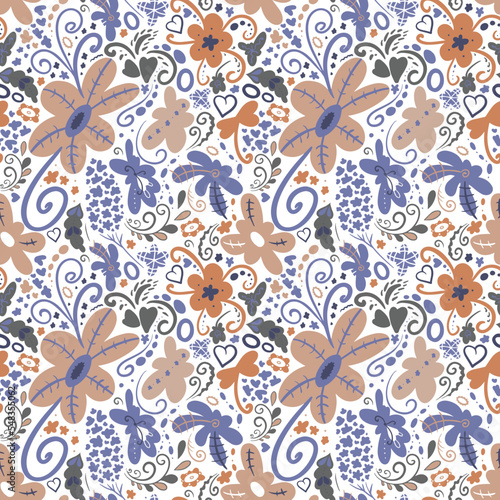 Floral pattern of delicate shades of blue and brown. Seamless vector image, fantasy shapes, swirls, petals, hearts. Suitable for fabrics, wrappers.