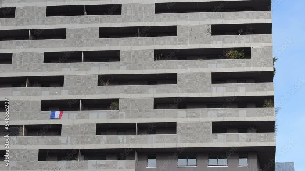 World Cup event - French flag seen hanging from the balconies of modern apartment building in the center of Strasbourg World Cup event - French flag seen hanging from the balconies of modern apartment building in the center of Strasbourg