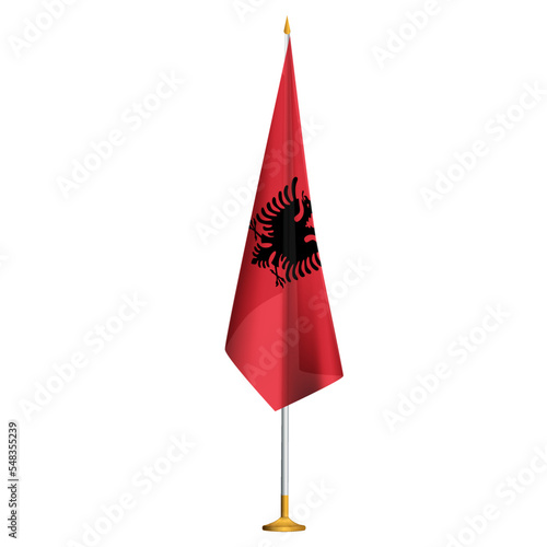Isolated small national flag of Albania vector with golden flagpole.Standing miniature Albanian flag