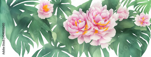 illustration banner tropical watercolor herbal branch with leaves  peonies  close up  earth tones wallpaper