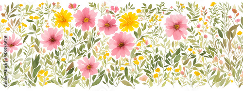 Banner watercolor arrangements with garden flowers. bouquets with pink, yellow wild flowers, leaves, pattern branches illustration digital for wallpapers, textile or wrapping paper in vintage style