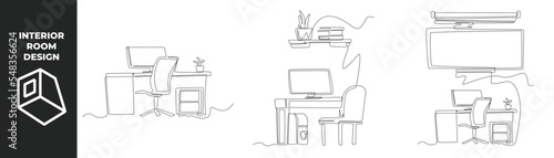 Single one line drawing office interior concept. Office desk, chair, computer, window and plant. Continuous line draw design graphic vector illustration.