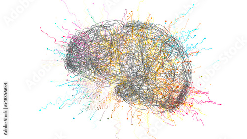 Brain in metal wires with energy field, showing complexity, connectivity, brainstorming, information overload, complicated thinking. 3d conceptual illustration, colorfull on white background photo