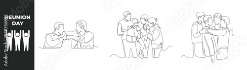 Continuous one line reunion day concept. Happy man and woman hugging when they meet and happy boy bro fist bump. Single line draw design vector graph.