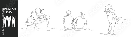 Continuous one line reunion day concept. Happy man and woman hugging when they meet. Single line draw design vector graph.