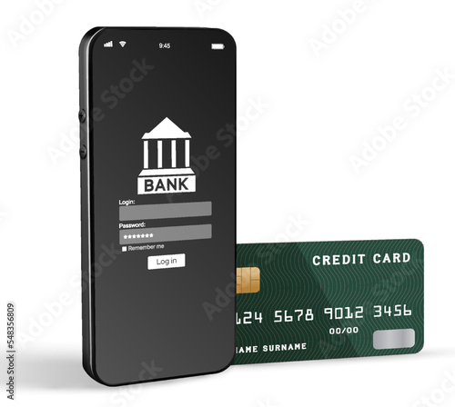 E banking concept. Mobile phone with internet online bank app. Pig bank with hundred dollar bill on white background. Online wallet save money. 