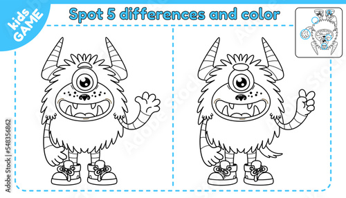 Game spot 5 differences and coloring page. Educational activity and puzzle for kids. Development of attention. Vector illustration of cartoon monster.