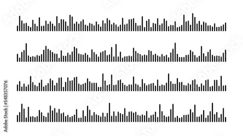 Black sound wave bars set. Music, podcast, audio tracks or voice messages. Equaliser elements collection. Diagram, chart or signal concepts.