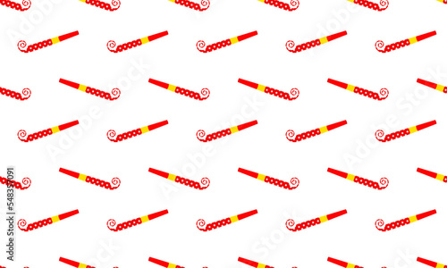Party noisemakers seamless pattern. Red polka dot blowers background. Sound whistles for birthday celebration. Scrapbooking or wrapping paper, fabric print design. Vector cartoon illustration