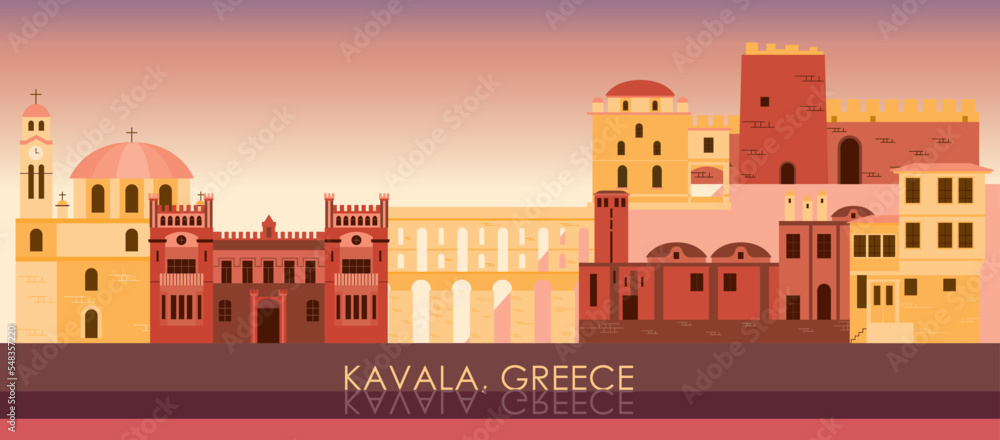 Sunset Skyline panorama of city of Kavala, Greece - vector illustration