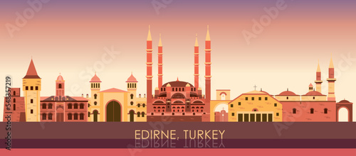 Sunset Skyline panorama of city of Edirne, Turkey - vector illustration