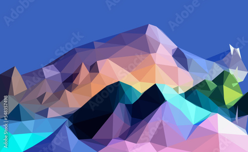 Polygonal geometric abstract digital mountain, vector colorful, flat landscape, travel background, mountains art, blue sky, creative backdrop