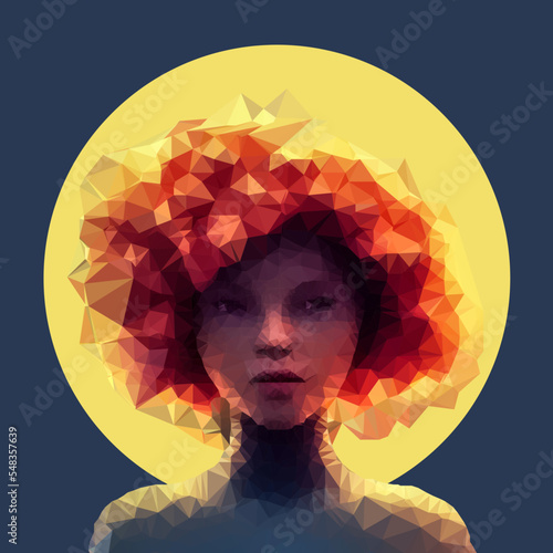 Portrait of woman. Low poly tribal, african, mystic girl with red curly hair in moon light, night, fashion portrait of young woman, geometric, polygonal