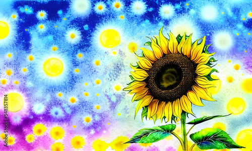 Vector watercolor sunflower isolated on abstract watercolor background, summer wallpaper, beauty fantasy landscape.