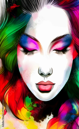 Fototapeta Naklejka Na Ścianę i Meble -  Vector watercolor colorful girl,  portrait with beautiful makeup, salon, spa, fitness poster, young lady paint.