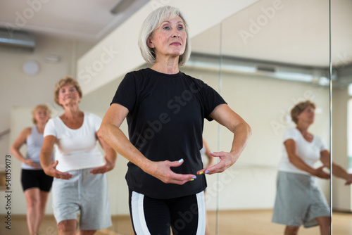 Portrait of a mature woman and people standing in the 1st position of the ballet stand at the mirror in a dance studio at a ..group lesson