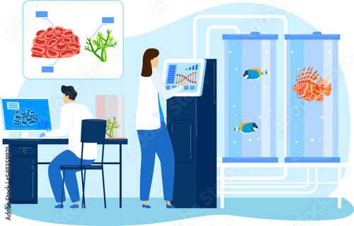 Scientists in the laboratory examine fish and marine life wearing protective uniform and glove under working vector illustration