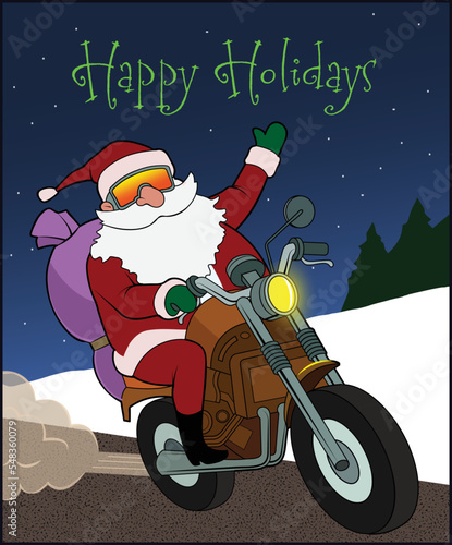 Santa rides a motorcycle at night. © titestreet