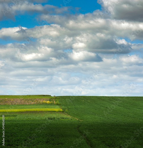 Farmland and field patterns in different colors and beautiful cloudly sky