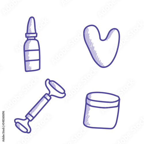 Gua sha stone hand drawn icon set, jade stone doodle concept, facial massage sketch vector icons, face cosmetic treatment tools emblems, creme, oil symbols isolated on white background