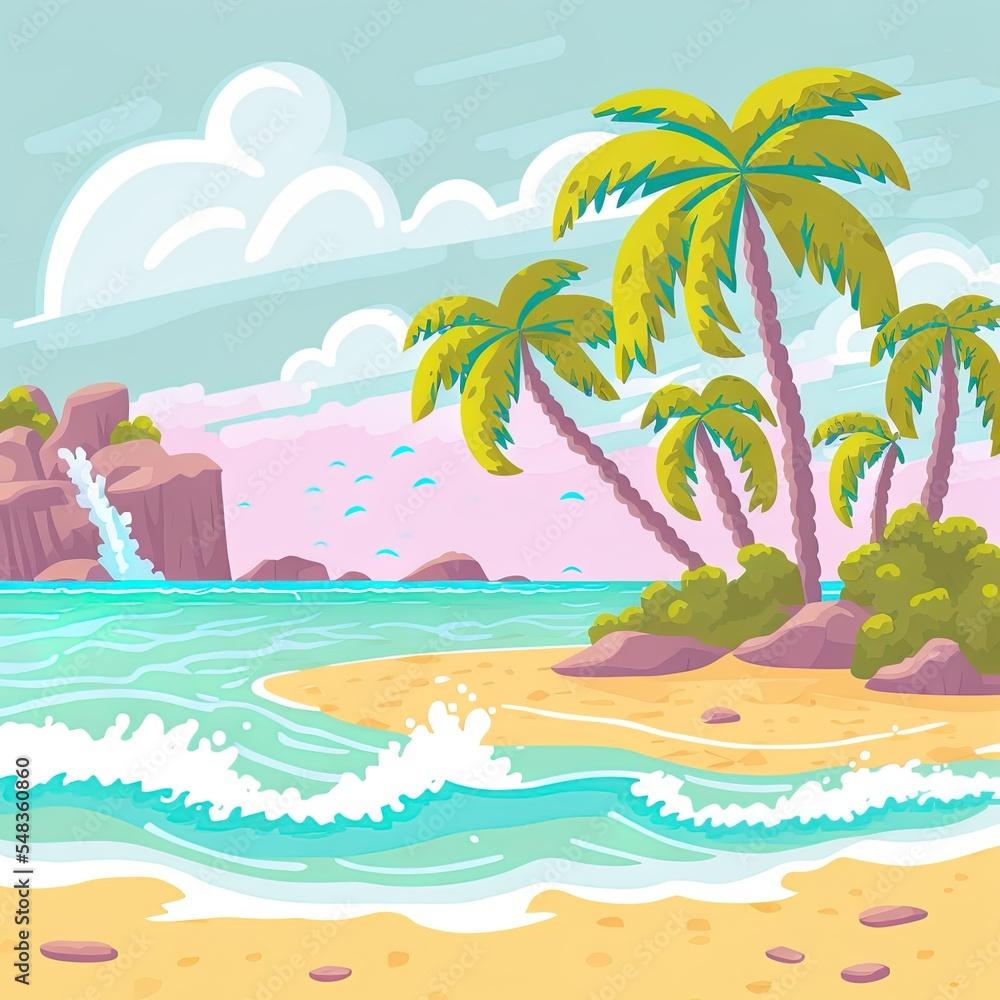 Tropical sandy beach flat color illustration. wild sea shore and palm trees scene