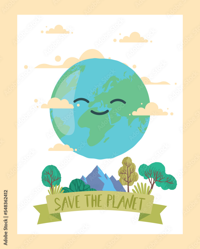 Save planet concept. Motivational poster or banner for website. Reducing emission of harmful substances into atmosphere. Responsible eco friendly society metaphor. Cartoon flat vector illustration