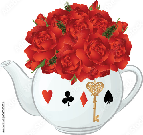 Tea pot with roses and golden key. Wonderland collection