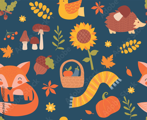 Autumn seamless pattern. Repeating design element for printing on fabric. Chanterelle with mushrooms and scarf. Forest dweller, flora and fauna. Poster or banner. Cartoon flat vector illustration