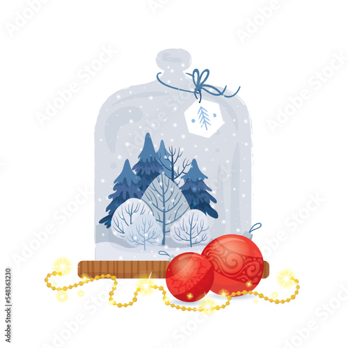 Christmas greeting card with glass bell jar, winter forest and decorations