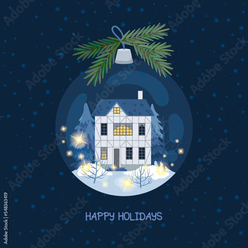 Christmas greeting card with glass ball, old house and garland