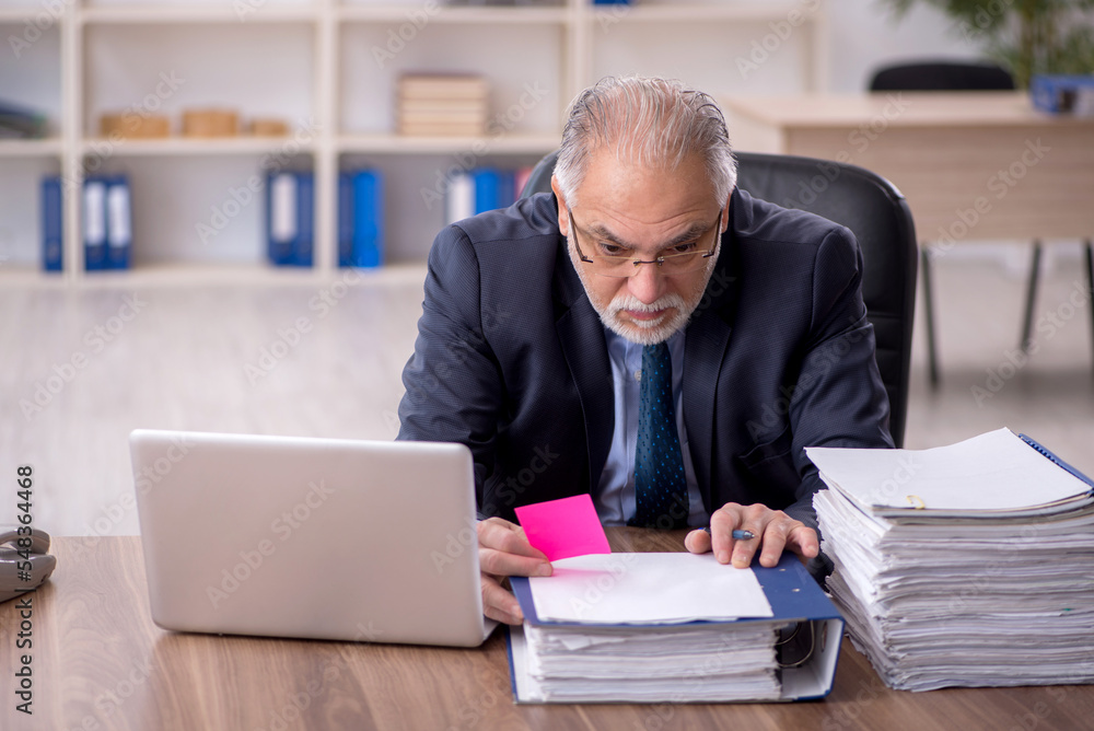 Old male employee working in the office Old male employee working in the office