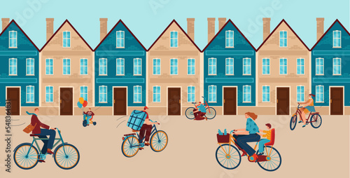 City with people ride bike, vector illustration. Flat man woman character use bicycle near urban building outdoor, delivery or sport at cityscape road