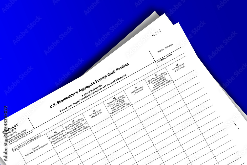 Form 965 (Schedule D) documentation published IRS USA 12.21.2018. American tax document on colored
